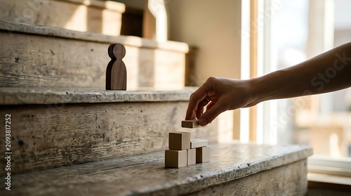 Hand adding wooden block to staircase, building career path or personal growth, teamwork concept, success journey progress.