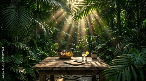 Tranquil jungle scene with rustic wooden table, tropical fruits, drink, notebook, and pen bathed in sunlight filtering through leaves.