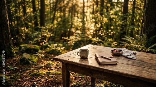 Peaceful forest table with steaming coffee cup, notebook, pen, and berries in soft morning sunlight, serene outdoor journaling.