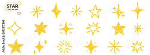 Yellow star doodles and twinkle sparkles drawn with crayon and pencil, grunge chalk scribbles, cute kids starbursts and hand drawn celestial shapes vector set