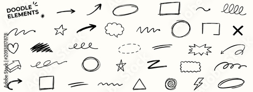 Fotografie Hand drawn pencil doodle set with rough scribbles, sketch swirls, messy frames,