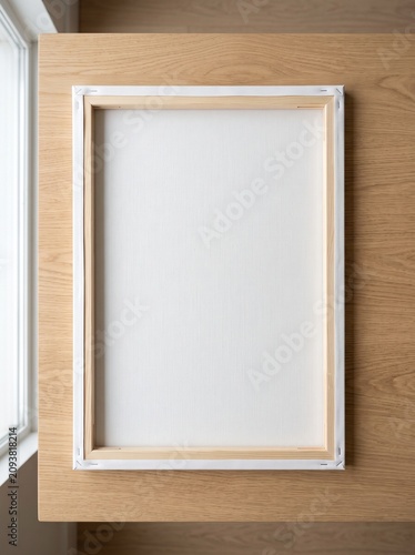 Blank Stretched Canvas Backside on Wooden Table in Minimal Artist Workspace