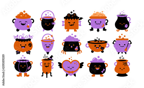 Helloween cauldron characters in purple orange and black for halloween decorations and party supplies