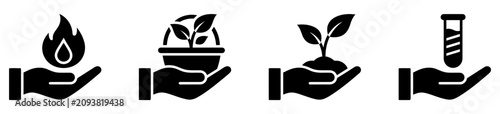 Black icons of hands holding fire, plant, and test tube