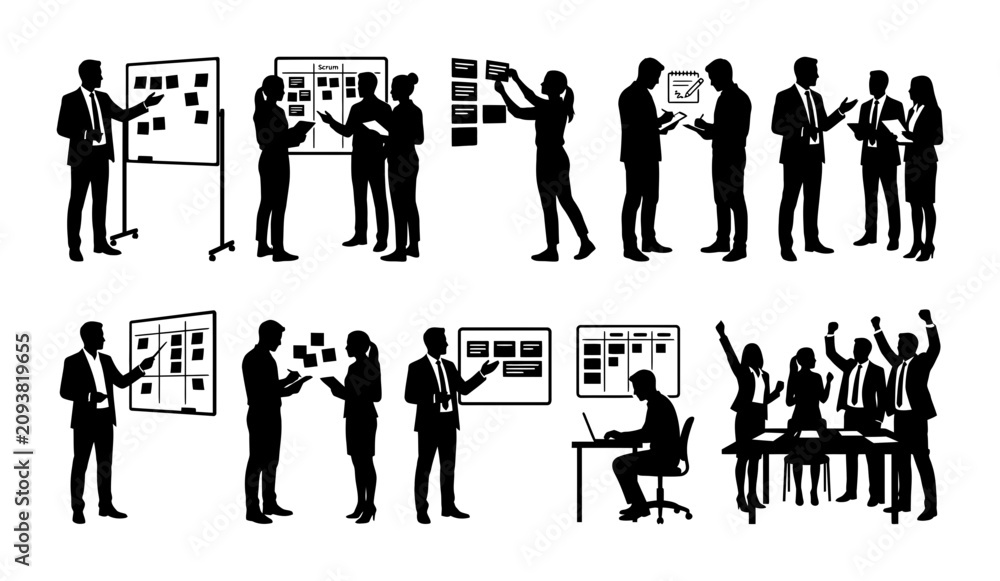 Obraz premium Business People Silhouettes Collection Set of Professional Office Workers and Team Collaboration Meeting Poses