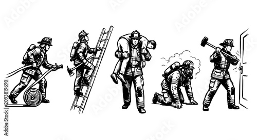 Tableau sur toile firefighter vector, fireman action pose, black and white rescue illustration, em