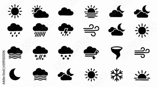 Weather forecast icons set, meteorology climate symbols collection