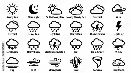 Konstfotografi Weather forecast icons set with various climate conditions symbols