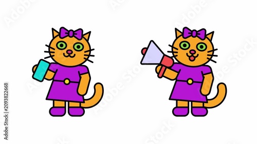 Cat girl holding smartphone and megaphone. Transparent background