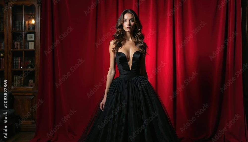 Fototapeta premium Beautiful young woman in elegant black evening gown stands before deep red velvet curtains. Brunette model posing with stylish dress in luxury interior room. Fashionable lady looking at camera