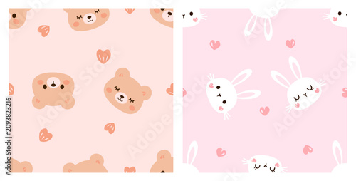 Cute seamless animal pattern collection featuring adorable teddy bear and bunny faces with tiny hearts in hand drawn flat vector style for fabric, wrapping paper, nursery decor, baby products.
