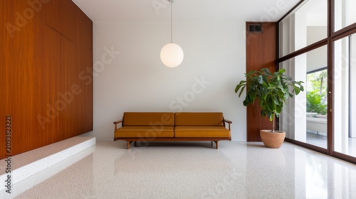 Mid-century modern minimalist room featuring a mustard leather sofa, wood paneling, an oval pendant light and indoor plant on terrazzo flooring, interior design, architecture