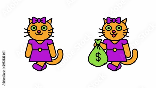 Cat girl walks and holding bag of money. Transparent background