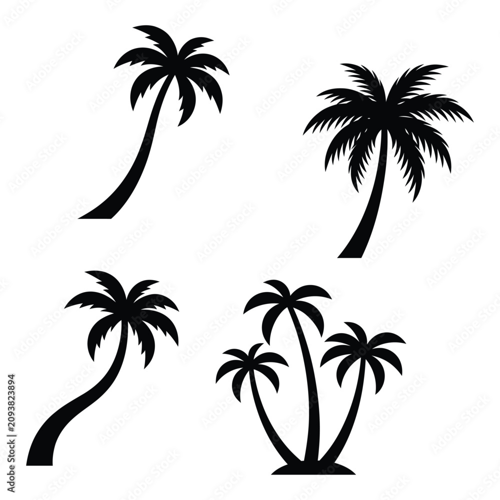 Fototapeta premium Four silhouette palm trees against a white background showing varied growth and angles