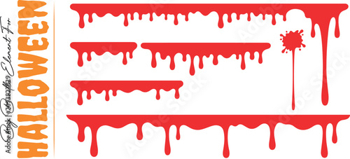 Spooky red dripping blood borders and splatters vector set. Gory liquid drips, bleeding horizontal trails, and horror design elements isolated on white