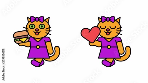 Cat girl walks holding hamburger and heart. Transparent background