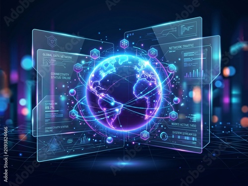 Futuristic digital earth hologram with global network connections and data interface on dark neon city background
