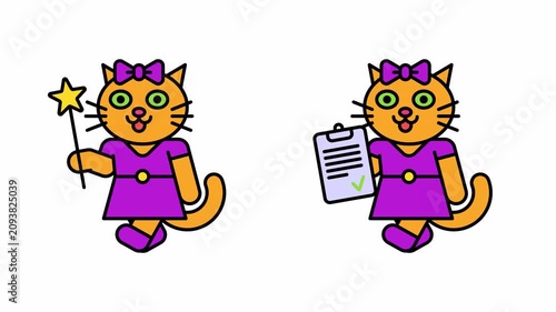 Cat girl walks holding magic wand and tablet. Transparent background