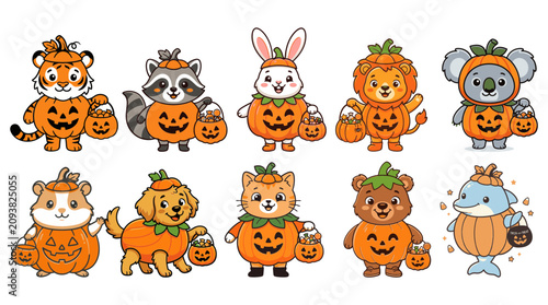 Cute cartoon tiger cub and friends wearing Halloween costumes with pumpkins and jack-o-lanterns.