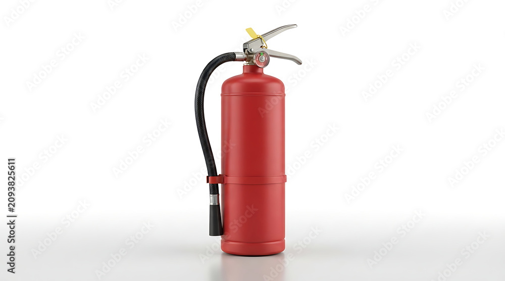 Obraz premium Red fire extinguisher with black hose and metal handle isolated on a plain white background