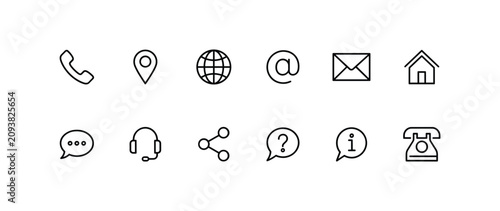 Bild auf Leinwand Contact Information Icons: A set of clean, minimalist line icons representing various methods of communication and contact, including phone, location, globe, email, and chat