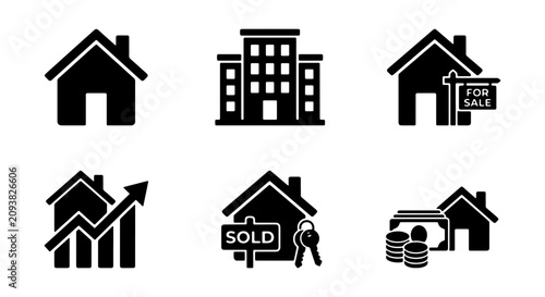 Obraz na plátně Real Estate Icons Set: Houses, Buildings, For Sale, Sold, Keys, Growth Chart, Co