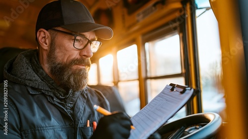 Man in a bus cabin writing on a clipboard , back to school photo