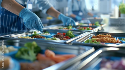 School cafeteria workers serving food , back to school photo
