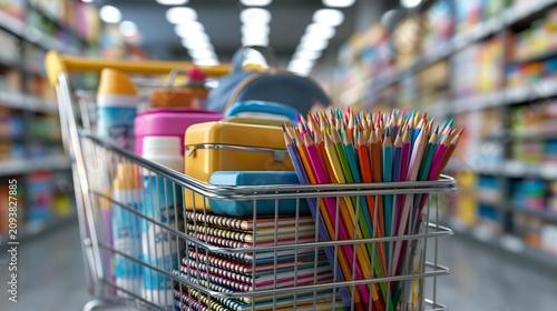 Shopping cart filled with school supplies in a supermarket aisle , back to school photo