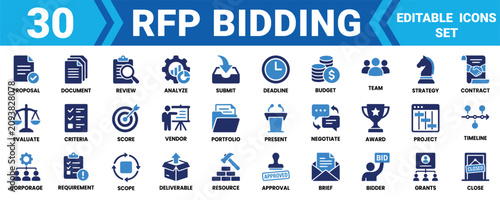 Photography Set of 30 business icons for rfp bidding process and project management in blue and black style Minimal solid fill icon set bundle collection