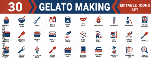 фотографія Set of thirty colorful gelato making icons featuring equipment ingredients and tools for frozen dessert Minimal solid fill icon set bundle collection
