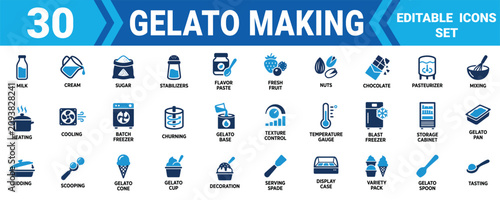 Tableau sur toile Set of thirty flat vector icons for gelato making process including ingredients equipment and serving tools Minimal solid fill icon set bundle collection