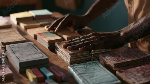 Hands crafting handmade paper books and stationery on a wooden table , back to school photo