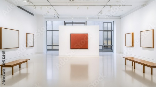 Symmetrical wide-angle gallery view featuring a central red monochromatic painting, flanked by white canvases, minimalist wooden benches and clean architectural lighting, Minimalism,