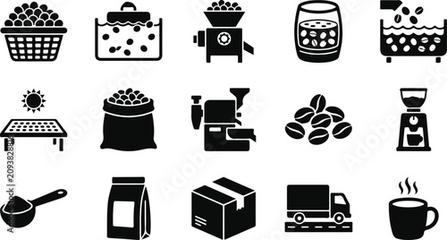 фотографія Coffee production process icons roasting brewing packaging and delivery