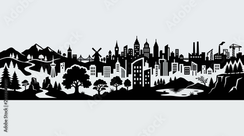 Canvas Print Cityscape and nature silhouette panorama