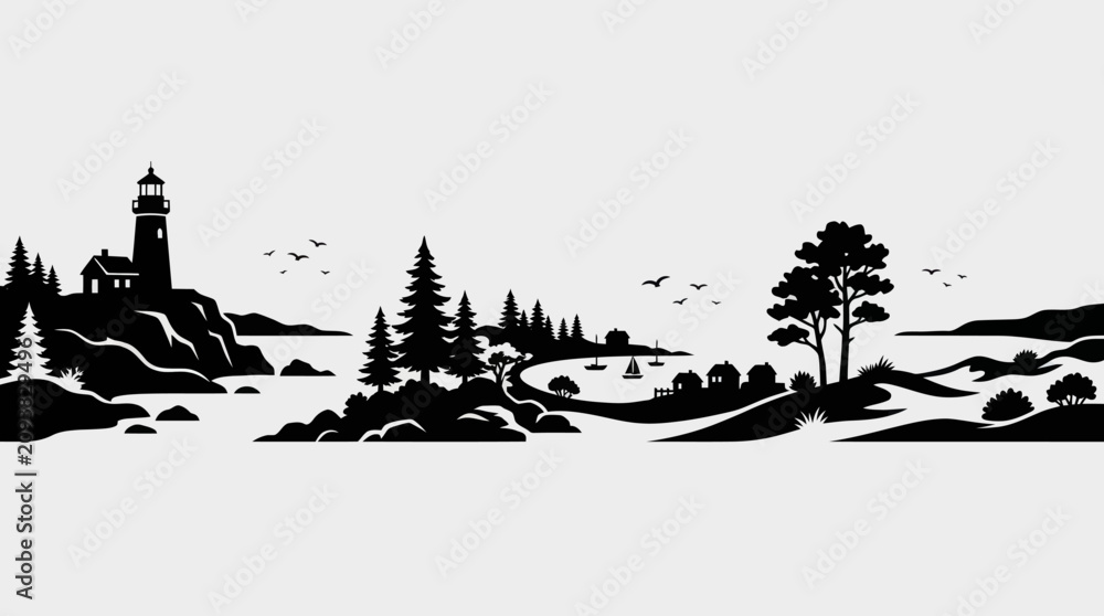 Fototapeta premium Coastal landscape with lighthouse and trees