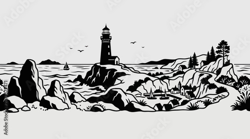 Foto Coastal landscape with lighthouse and sea
