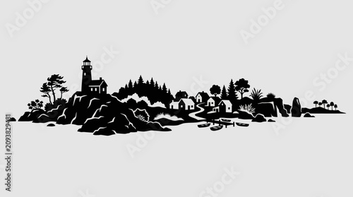 Coastal village with lighthouse silhouette