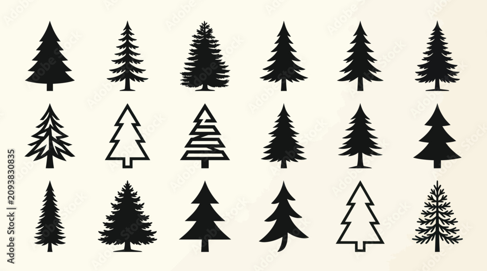 Obraz premium Collection of evergreen tree silhouettes