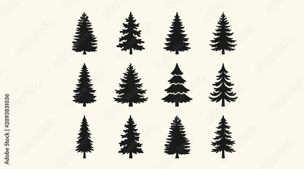 Obraz premium Collection of evergreen tree silhouettes