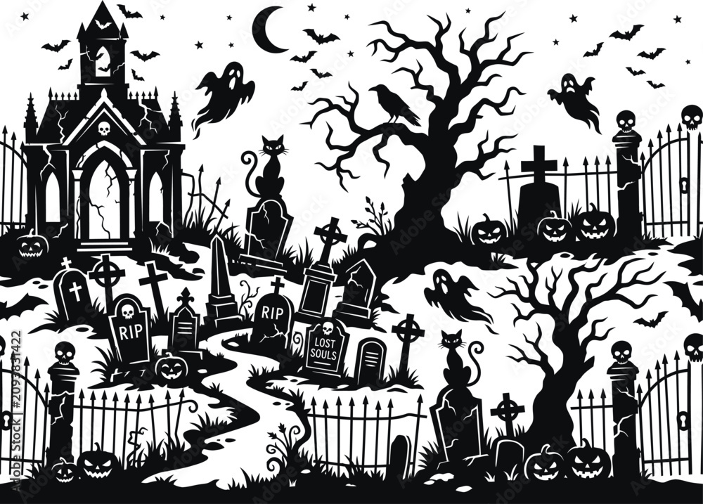 Obraz premium Spooky halloween cemetery scene with ghosts bats and haunted mansion