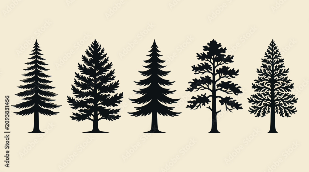 Obraz premium Collection of evergreen tree silhouettes