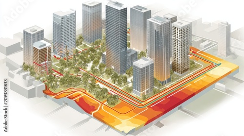 Isometric urban development plan with isometric architectural rendering heat distribution pathways
