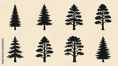 Bild auf Leinwand Collection of evergreen trees silhouette icons
