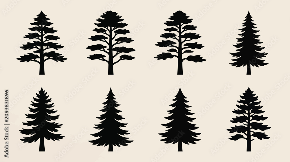 Obraz premium Collection of evergreen tree silhouettes