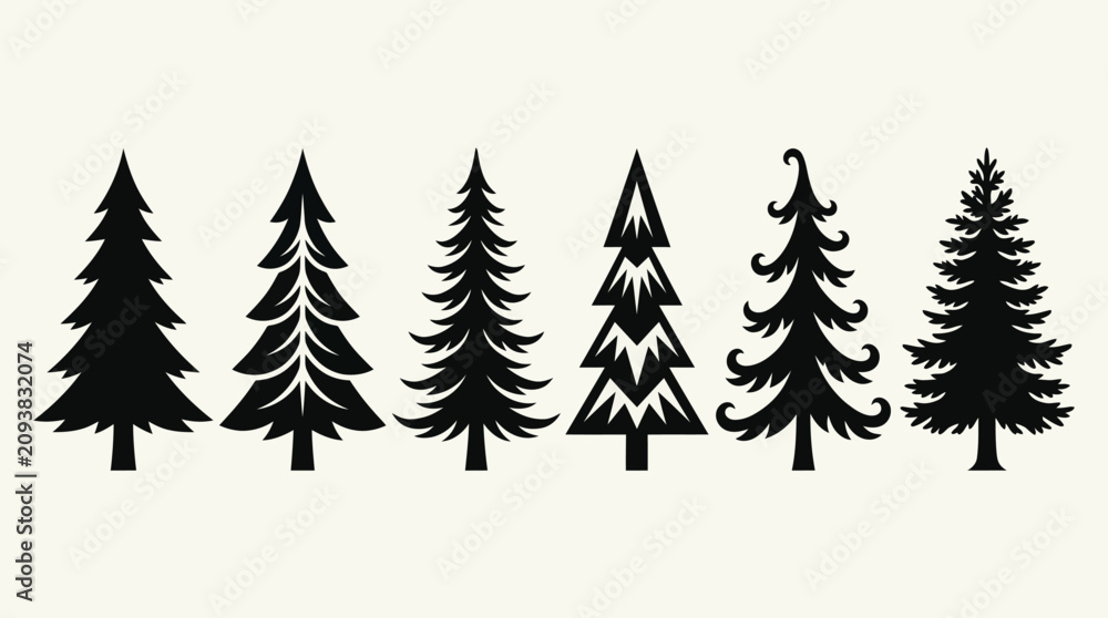 Obraz premium Collection of evergreen tree silhouettes