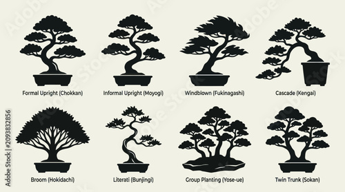 Foto Collection of stylized bonsai tree illustrations
