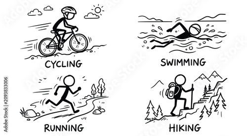 Stick Figure Sports and Fitness Vector Doodle Set: Hand Drawn Active Lifestyle Icons Featuring Cycling, Swimming, Running and Hiking Characters