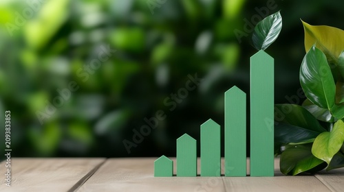 Green growth concept, vertical wooden bar chart with leaf on top set on a rustic wooden table against a blurry garden background, sustainability, eco-friendly business, sustainability,
